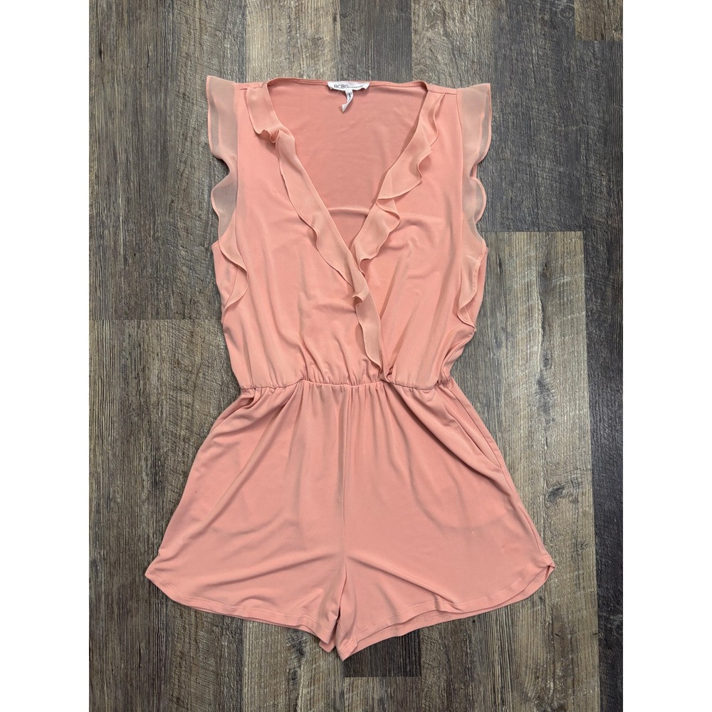 BCBGeneration‎ Peach Pink Ruffle V-Neck Romper Sleeveless Elastic Waist Small